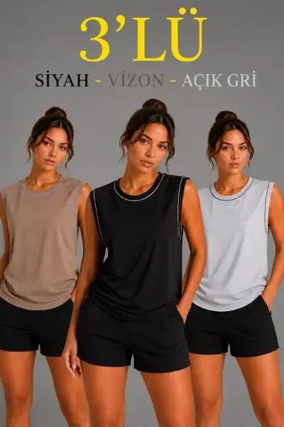 3’lü Kolsuz Sporcu Atlet Seti Yazlık Bisiklet Yaka - Siyah, Kahverengi, Gri