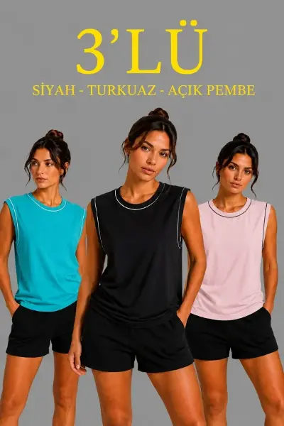 3’lü Kolsuz Sporcu Atlet Seti Yazlık Bisiklet Yaka - Siyah, Turkuaz, Pembe