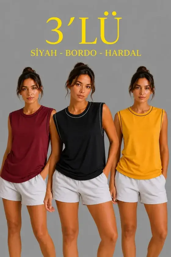 3’lü Kolsuz Sporcu Atlet Seti Yazlık Bisiklet Yaka - Siyah, Bordo, Hardal