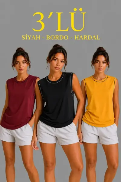 3’lü Kolsuz Sporcu Atlet Seti Yazlık Bisiklet Yaka - Siyah, Bordo, Hardal