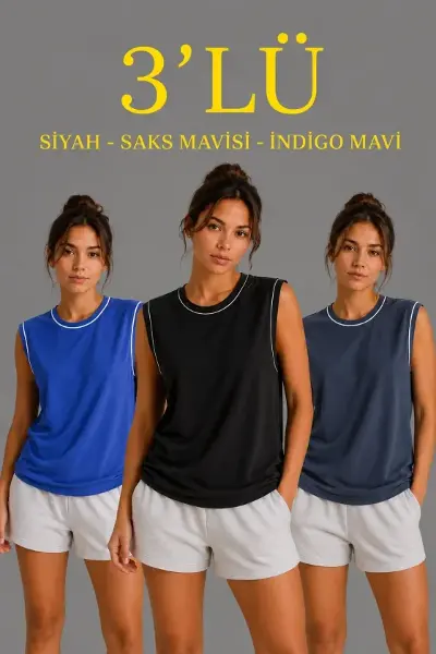 3’lü Kolsuz Sporcu Atlet Seti Yazlık Bisiklet Yaka - Siyah, Saks Mavisi, İndigo