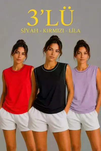 3’lü Kolsuz Sporcu Atlet Seti Yazlık Bisiklet Yaka - Siyah, Kırmızı, Lila