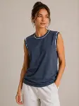 Kontrast Biyeli Kolsuz Atlet Bisiklet Yaka Yazlık Basic Atlet - İndigo-3