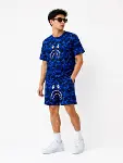 Erkek Oversize Kalıp Pubg Bape X Shark Nakışlı Cepli Şort Takım - Mavi-3