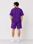 Erkek Oversize Kalıp Pubg Bape X Shark Nakışlı Cepli Şort Takım - Mor-2
