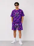 Erkek Oversize Kalıp Pubg Bape X Shark Nakışlı Cepli Şort Takım - Mor-3