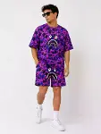 Erkek Oversize Kalıp Pubg Bape X Shark Nakışlı Cepli Şort Takım - Mor-1
