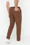 Erkek Keten Cepli Pantolon Lastikli Bel Bağcıklı Önden Fermuarlı - Kahverengi-4
