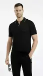 Erkek Triko Kumaş Yakalı Düğmesiz Açık Yaka Fitilli Kısa Kollu Regular Fit Tişört T-shirt - Siyah-3