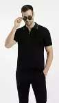 Erkek Triko Kumaş Yakalı Düğmesiz Açık Yaka Fitilli Kısa Kollu Regular Fit Tişört T-shirt - Siyah-4