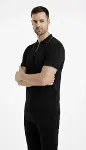 Erkek Triko Kumaş Yakalı Düğmesiz Açık Yaka Fitilli Kısa Kollu Regular Fit Tişört T-shirt - Siyah-1