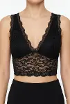 Dantel Bralet Crop Sütyen V Yaka Askılı Şık Esnek Rahat - Siyah-4
