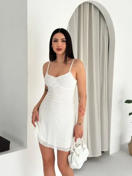 Askılı Mini Elbise Drapeli Göğüs Detay Likralı Yazlık Fit - Beyaz
