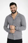 Erkek Waffle Kumaş Uzun Kollu Düğmeli Açık Yaka Regular Fit Gömlek - Füme-4