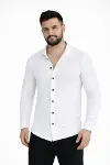 Erkek Waffle Kumaş Uzun Kollu Düğmeli Açık Yaka Regular Fit Gömlek - Beyaz-2