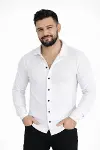 Erkek Waffle Kumaş Uzun Kollu Düğmeli Açık Yaka Regular Fit Gömlek - Beyaz-3