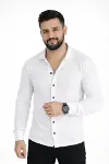 Erkek Waffle Kumaş Uzun Kollu Düğmeli Açık Yaka Regular Fit Gömlek - Beyaz-4