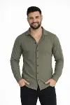 Erkek Waffle Kumaş Uzun Kollu Düğmeli Açık Yaka Regular Fit Gömlek - Haki-3