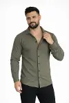 Erkek Waffle Kumaş Uzun Kollu Düğmeli Açık Yaka Regular Fit Gömlek - Haki-1