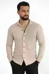 Erkek Waffle Kumaş Uzun Kollu Düğmeli Açık Yaka Regular Fit Gömlek - Bej-2