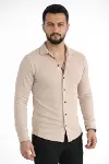 Erkek Waffle Kumaş Uzun Kollu Düğmeli Açık Yaka Regular Fit Gömlek - Bej-3