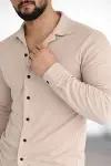 Erkek Waffle Kumaş Uzun Kollu Düğmeli Açık Yaka Regular Fit Gömlek - Bej-1
