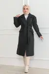 Kaşe Kaban Uzun Boy 115 Cm Kruvaze Yaka Kuşaklı Astarlı Tesettür Kaban Yünlü - Siyah-2