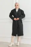 Kaşe Kaban Uzun Boy 115 Cm Kruvaze Yaka Kuşaklı Astarlı Tesettür Kaban Yünlü - Siyah-3