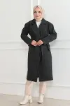 Kaşe Kaban Uzun Boy 115 Cm Kruvaze Yaka Kuşaklı Astarlı Tesettür Kaban Yünlü - Siyah-1