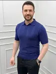 Erkek Yazlık Triko Dokuma Tişört Kısa Kol Polo Yaka T-Shirt - Lacivert-3