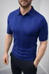 Erkek Yazlık Triko Dokuma Tişört Kısa Kol Polo Yaka T-Shirt - Lacivert-4