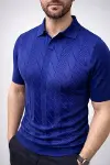 Erkek Yazlık Triko Dokuma Tişört Kısa Kol Polo Yaka T-Shirt - Lacivert-1