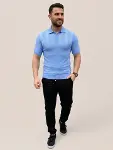 Erkek Yazlık Triko Dokuma Tişört Kısa Kol Polo Yaka T-Shirt - Bebek Mavisi-2