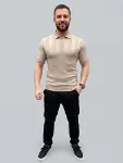 Erkek Yazlık Triko Dokuma Tişört Kısa Kol Polo Yaka T-Shirt - Bej-2