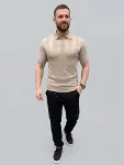 Erkek Yazlık Triko Dokuma Tişört Kısa Kol Polo Yaka T-Shirt - Bej-3