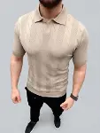 Erkek Yazlık Triko Dokuma Tişört Kısa Kol Polo Yaka T-Shirt - Bej-4