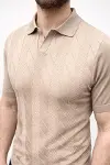 Erkek Yazlık Triko Dokuma Tişört Kısa Kol Polo Yaka T-Shirt - Bej-1