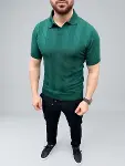 Erkek Yazlık Triko Dokuma Tişört Kısa Kol Polo Yaka T-Shirt - Koyu Yeşil-4