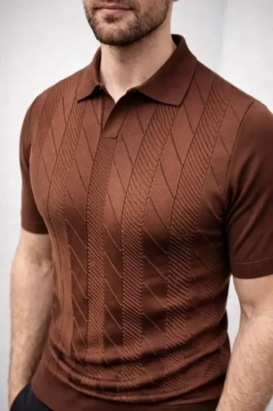 Erkek Yazlık Triko Dokuma Tişört Kısa Kol Polo Yaka T-Shirt - Kahverengi Erkek Yazlık Triko Dokuma Tişört Kısa Kol Polo Yaka T-Shirt - Kahverengi