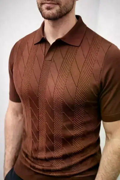 Erkek Yazlık Triko Dokuma Tişört Kısa Kol Polo Yaka T-Shirt - Kahverengi