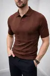 Erkek Yazlık Triko Dokuma Tişört Kısa Kol Polo Yaka T-Shirt - Kahverengi-3