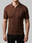 Erkek Yazlık Triko Dokuma Tişört Kısa Kol Polo Yaka T-Shirt - Kahverengi-4