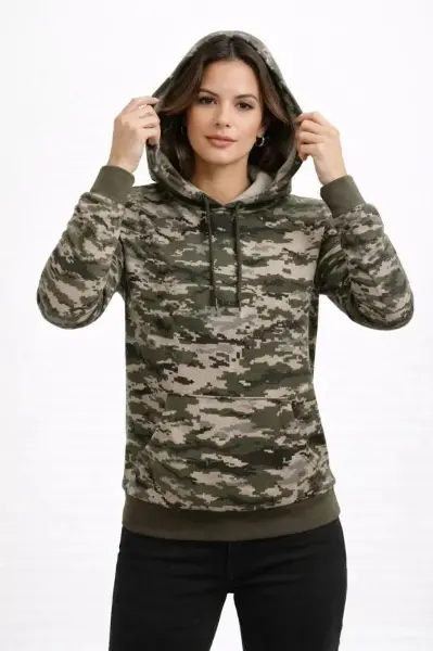 Kamuflaj Desenli 2 İplik 4 Mevsim Kapüşonlu Kanguru Cepli Hoodie Sweatshirt - Kamuflaj