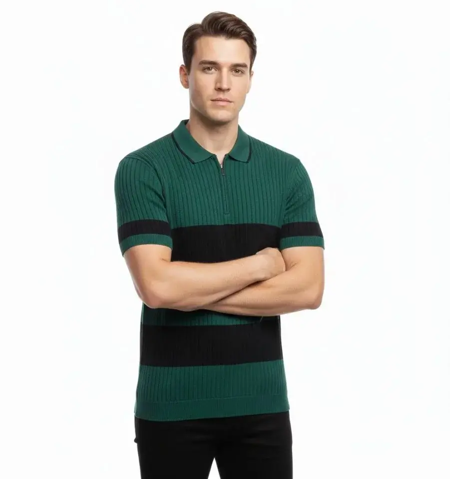 Erkek T-shirt Çizgili Triko Dokuma Kumaş Polo Yaka Yarım Fermuarlı Regular Kalıp Tişört - Çağla Yeşili