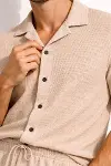 Erkek Waffle Kumaş Kısa Kollu Gömlek Şort Takım Regular Fit Yazlık İkili Set - Bej-4