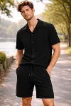 Erkek Waffle Kumaş Kısa Kollu Gömlek Şort Takım Regular Fit Yazlık İkili Set - Siyah-4