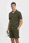 Erkek Waffle Kumaş Kısa Kollu Gömlek Şort Takım Regular Fit Yazlık İkili Set - Haki-2