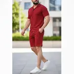 Erkek Waffle Kumaş Kısa Kollu Gömlek Şort Takım Regular Fit Yazlık İkili Set - Bordo-2
