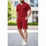 Erkek Waffle Kumaş Kısa Kollu Gömlek Şort Takım Regular Fit Yazlık İkili Set - Bordo-3