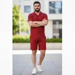 Erkek Waffle Kumaş Kısa Kollu Gömlek Şort Takım Regular Fit Yazlık İkili Set - Bordo-1